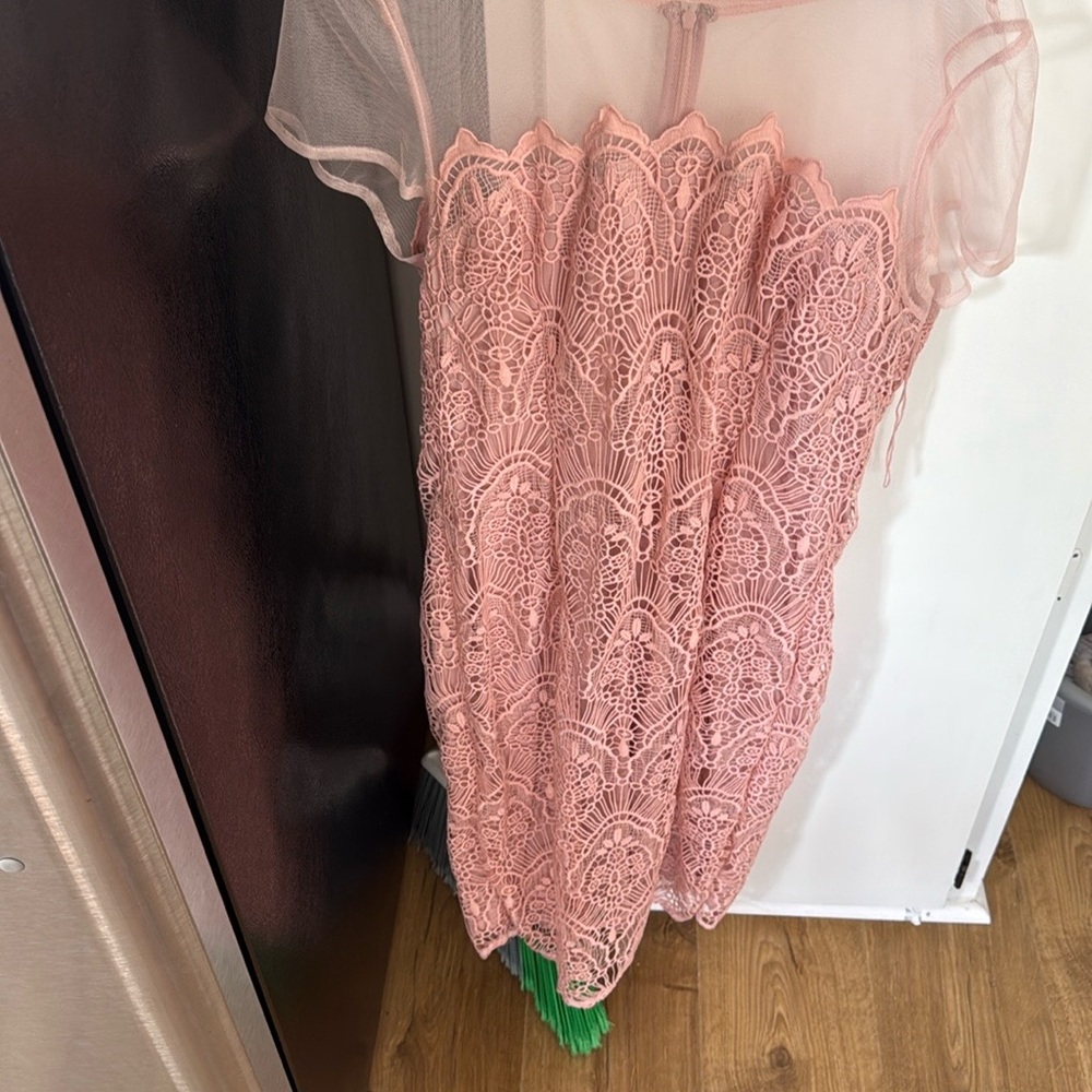 Pink Lace Dress with Sheer Overlay